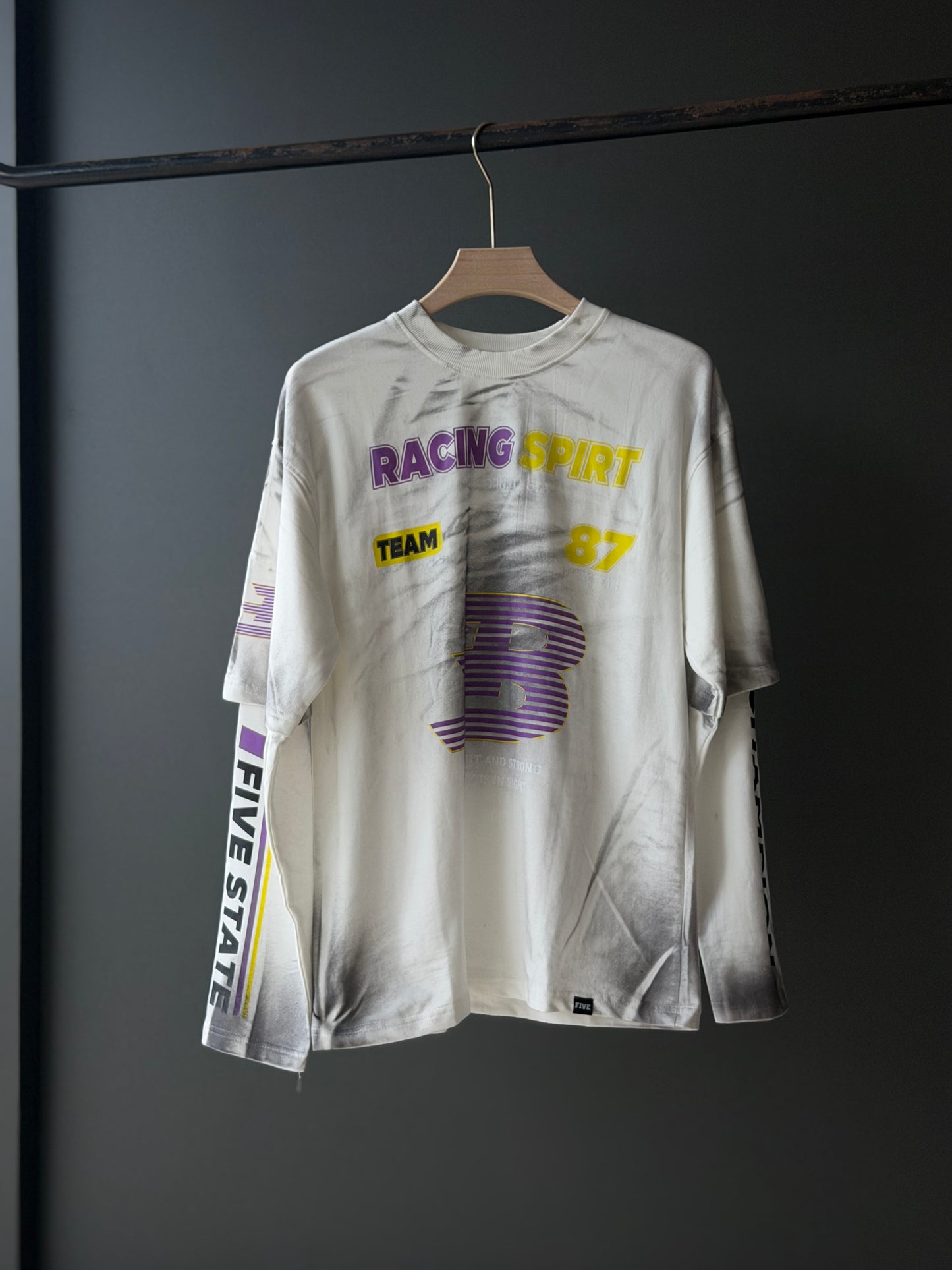 RACING SPRIT Drop-Shoulder Dr Sleeve Tee — Clean White, Built for Speed & Style