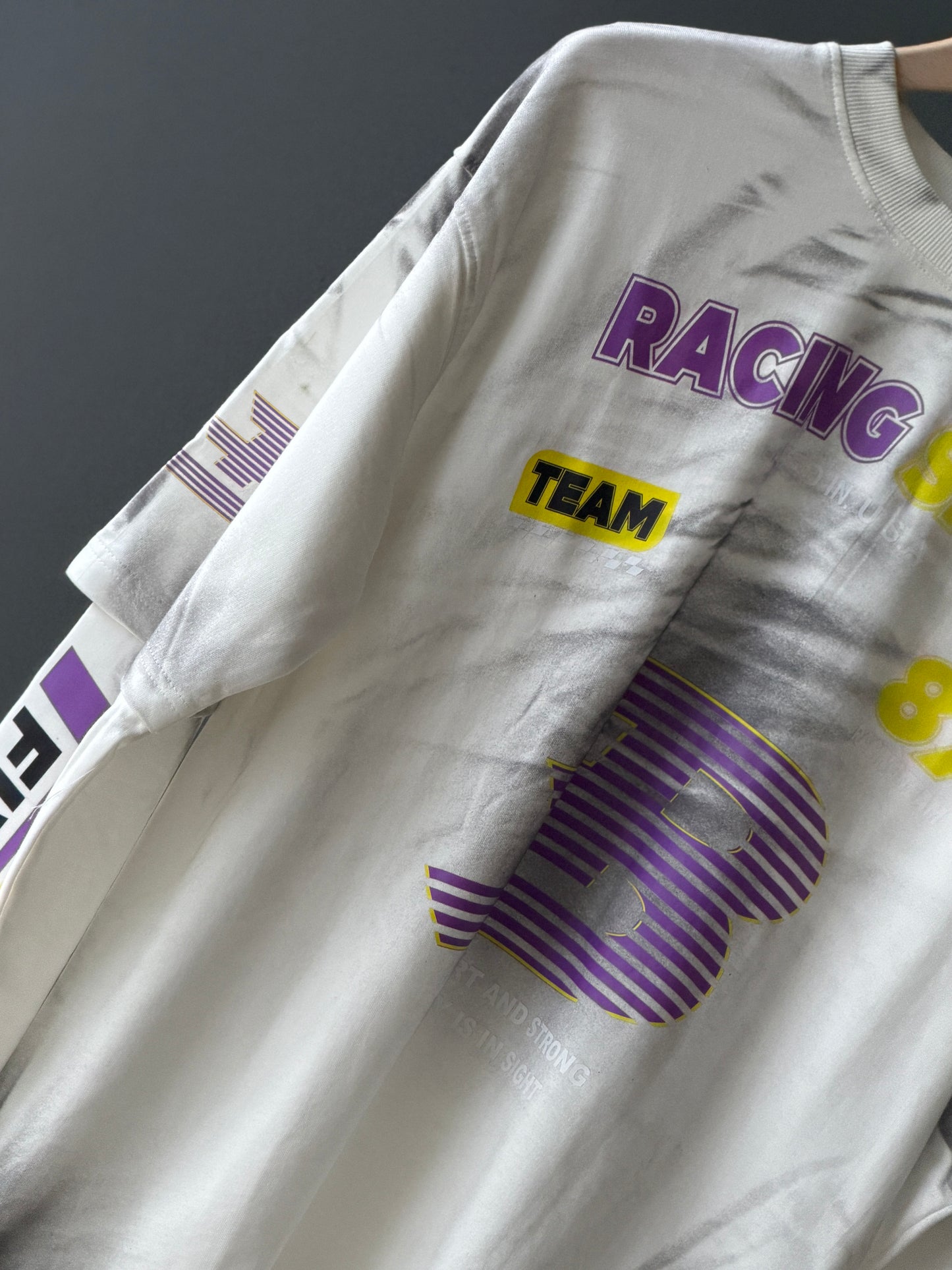 RACING SPRIT Drop-Shoulder Dr Sleeve Tee — Clean White, Built for Speed & Style