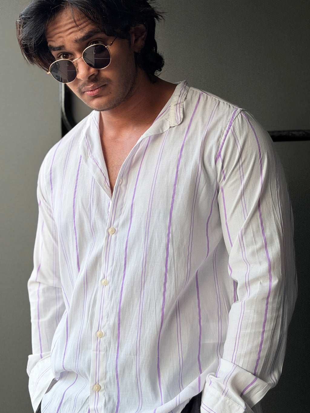Amethyststrip Chineseneck Fullsleeve Shirt