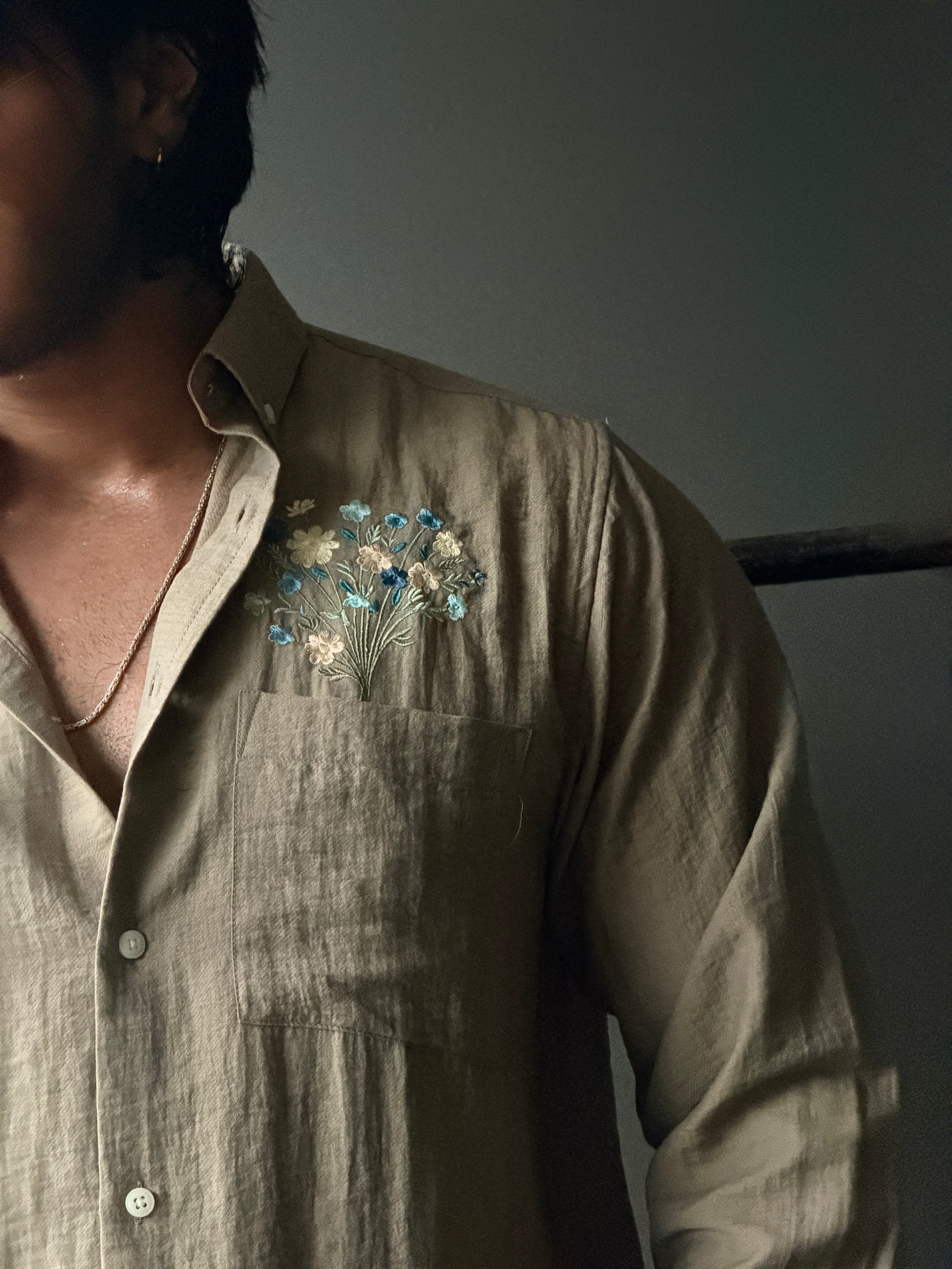 Azure Bloom Embroidery Fullsleeve Shirt