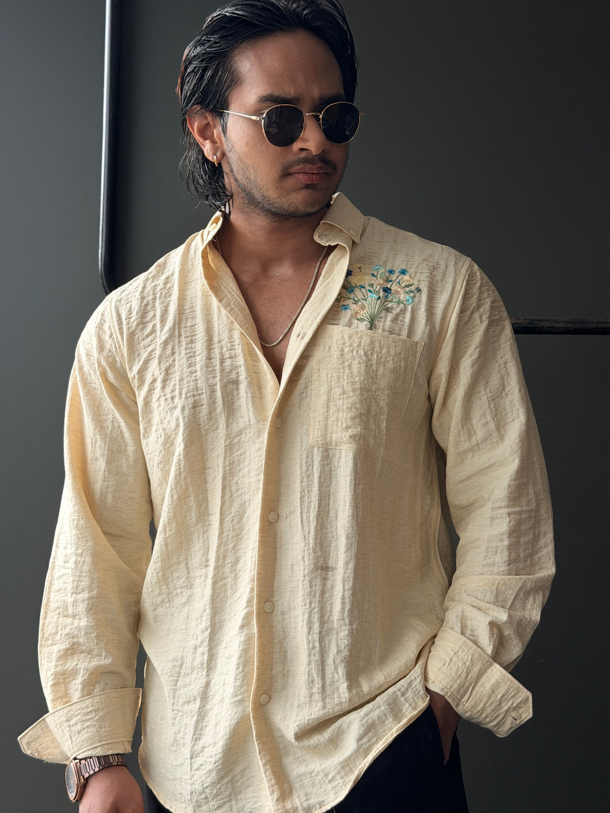 Azure Bloom Embroidery Fullsleeve Shirt