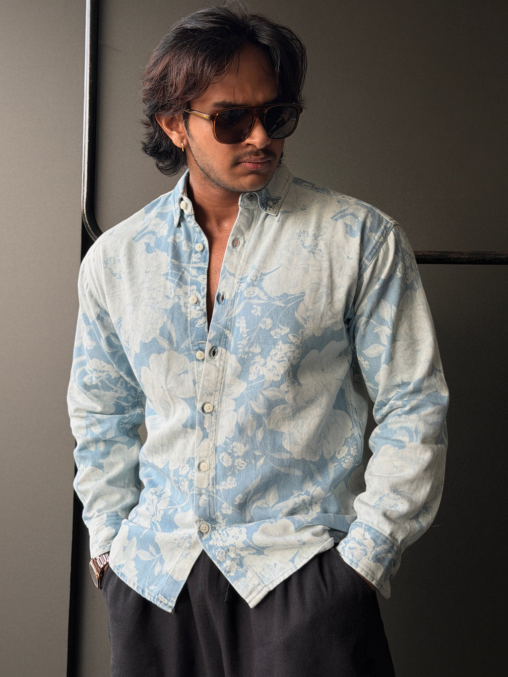 Azure Meadow Floralprint Denim Fullsleeve Shirt