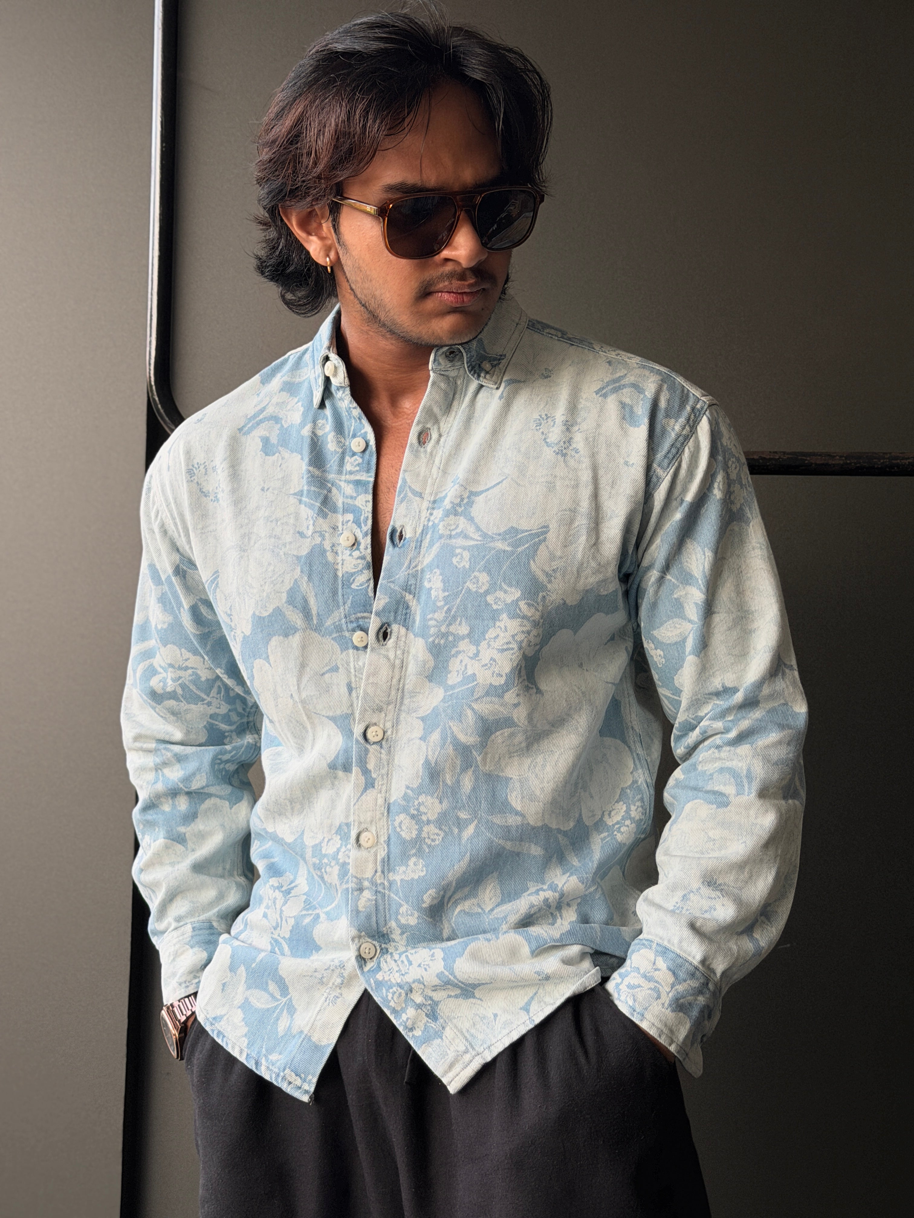 Azure Meadow Floralprint Denim Fullsleeve Shirt