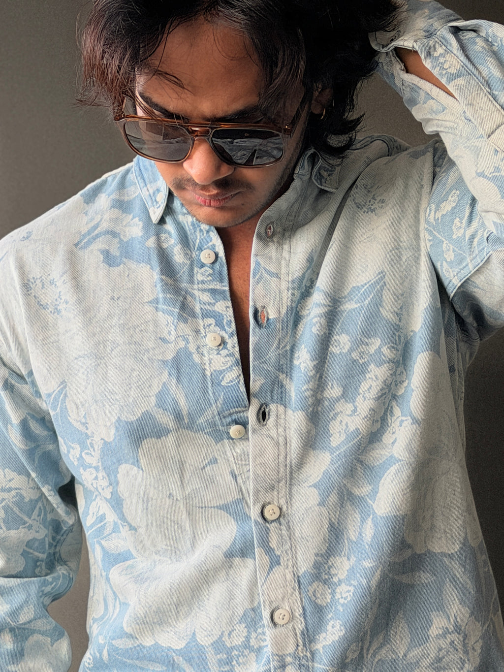 Azure Meadow Floralprint Denim Fullsleeve Shirt