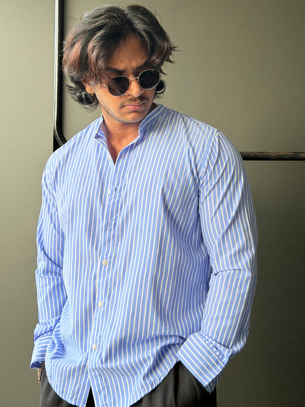 Blueroyalstripe Chineseneck Fullsleeve Shirt