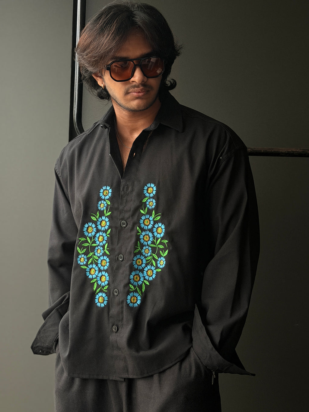 Blue Daisy Noir Embroidery 
Fullsleeve Shirt