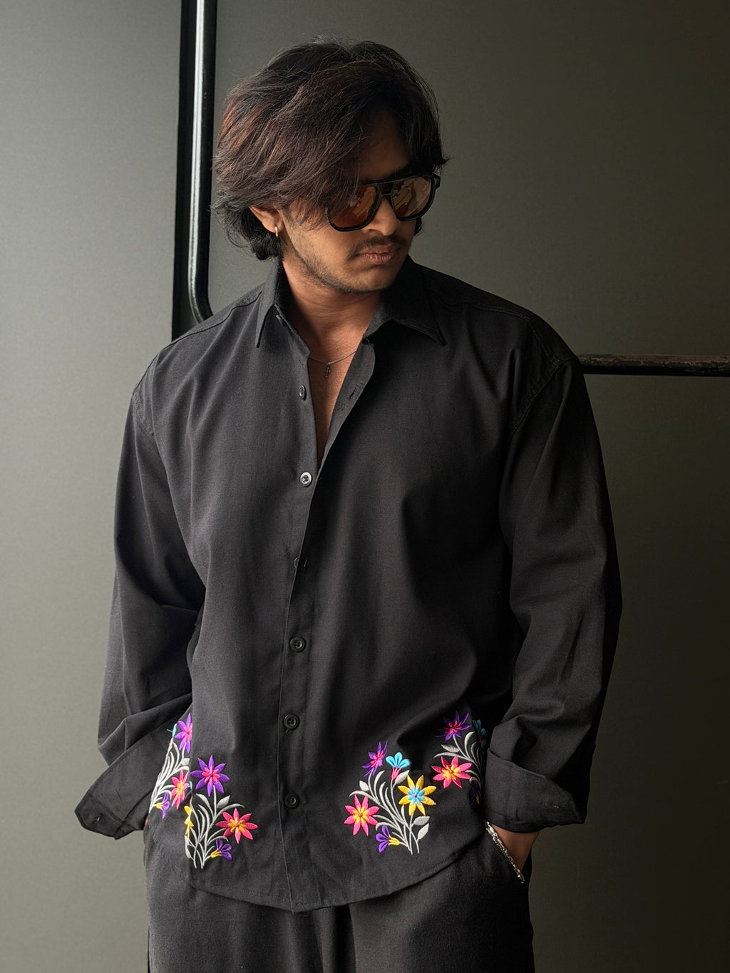 Midnight Bloom Black Embroidery Fullsleeve Shirt