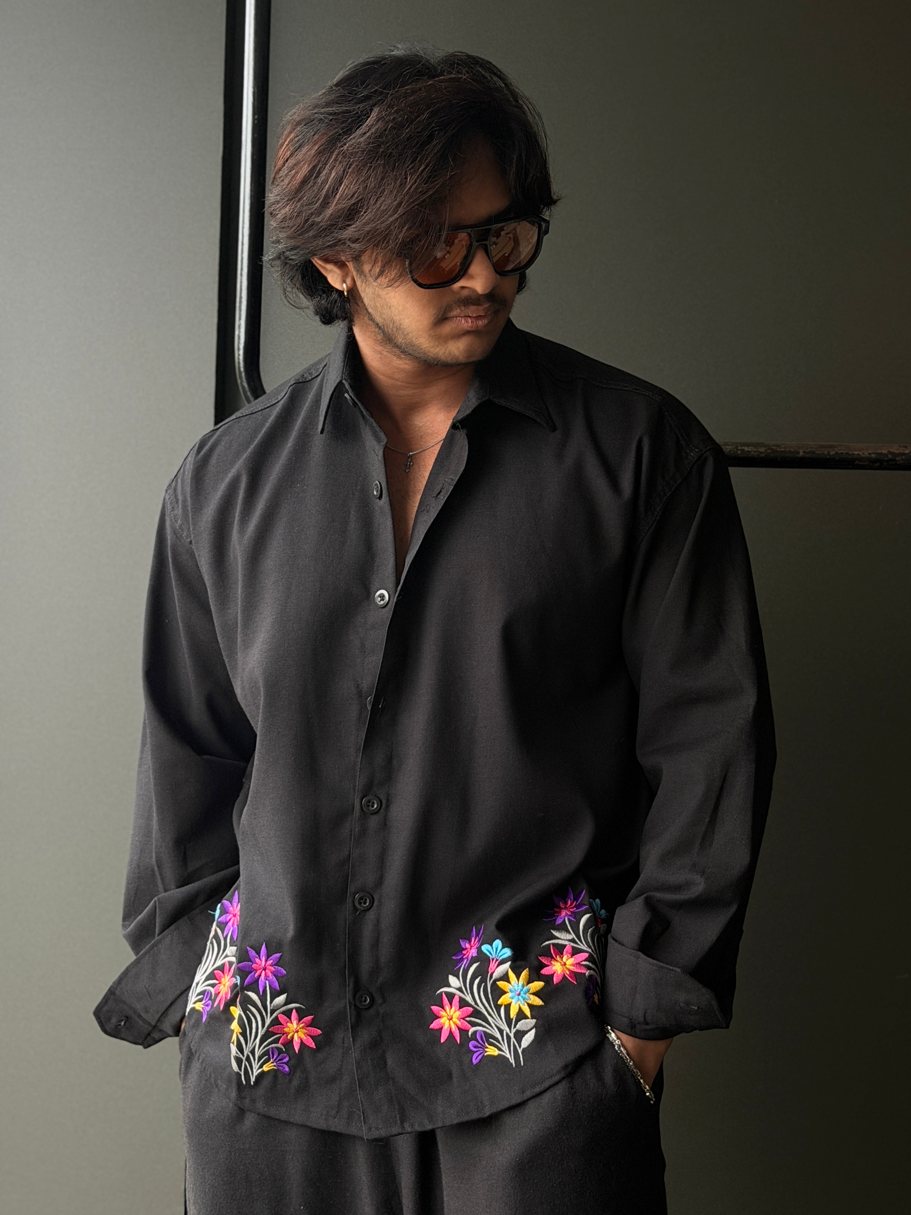 Midnight Bloom Black Embroidery Fullsleeve Shirt